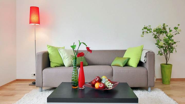 Grey Sofa Set And White Background And Fruits on Table